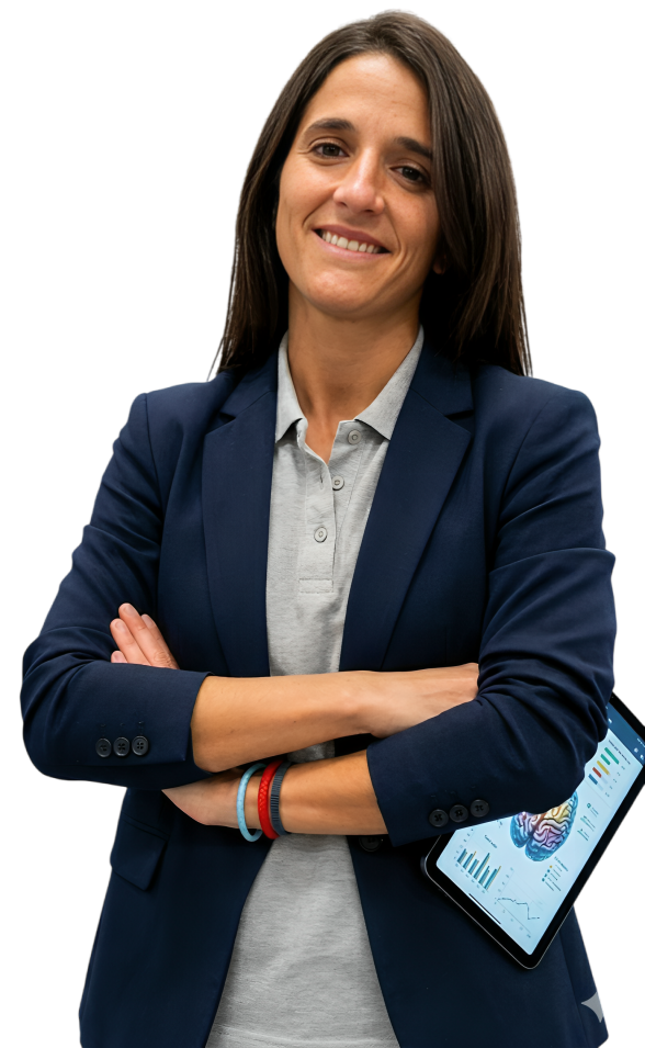 Retrato profesional de una psicóloga deportiva vestida con traje de chaqueta