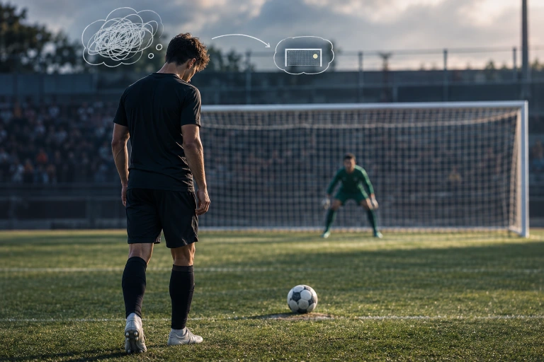 Futbolista colocando el balón en el punto de penalti antes de lanzar