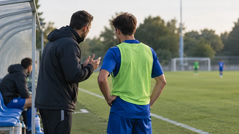 Futbolista conversando con su entrenador junto al banquillo