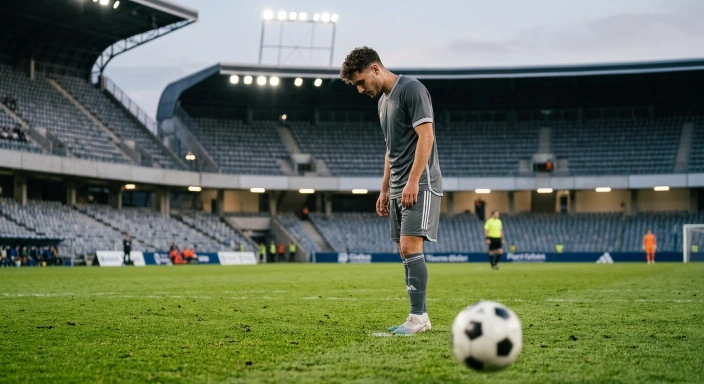 Futbolista de pie en el campo tras fallar una jugada, con la cabeza alta y listo para volver al juego
