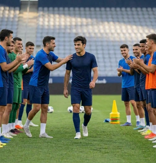 Futbolista en su primer entrenamiento con el equipo tras una lesión