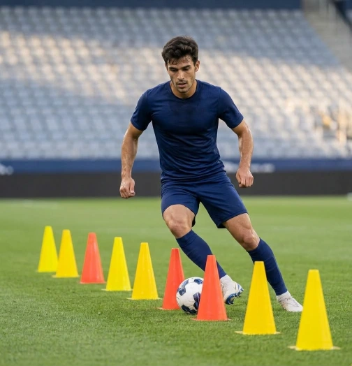 Jugador de fútbol practicando un regate en un entrenamiento