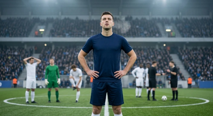 Jugador de fútbol respirando con calma durante una pausa del partido