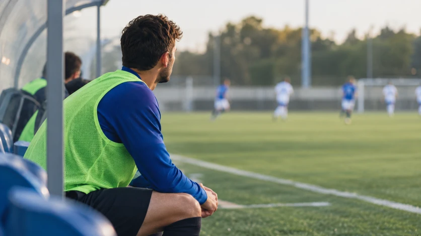 Futbolista suplente sentado en el banquillo observando el partido con atención